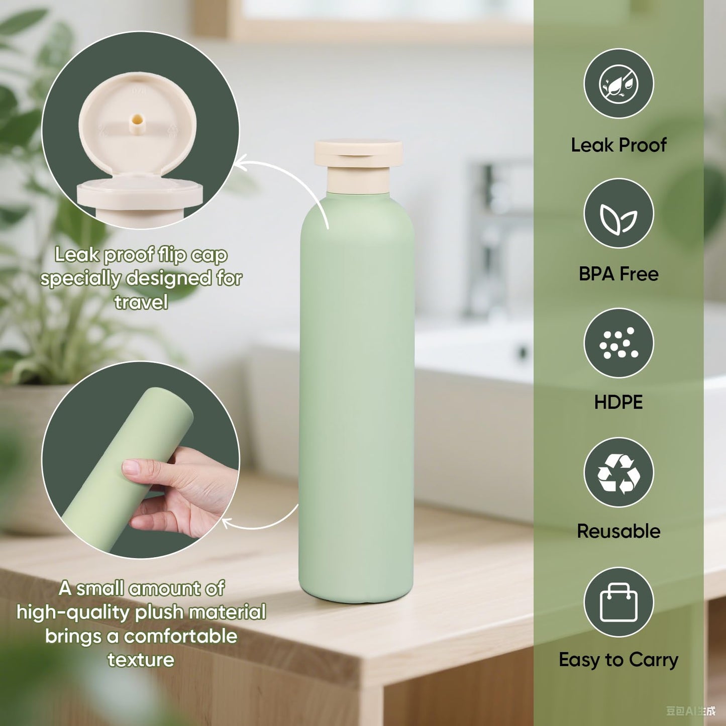 DEMORA 8.8oz Large Travel Bottles for Toiletries, Leak Proof Plastic Travel Squeeze Bottles Refillable Toiletry Containers with Flip Caps and Labels for Shampoo Conditioner Body Wash (Green, 4 Pcs)