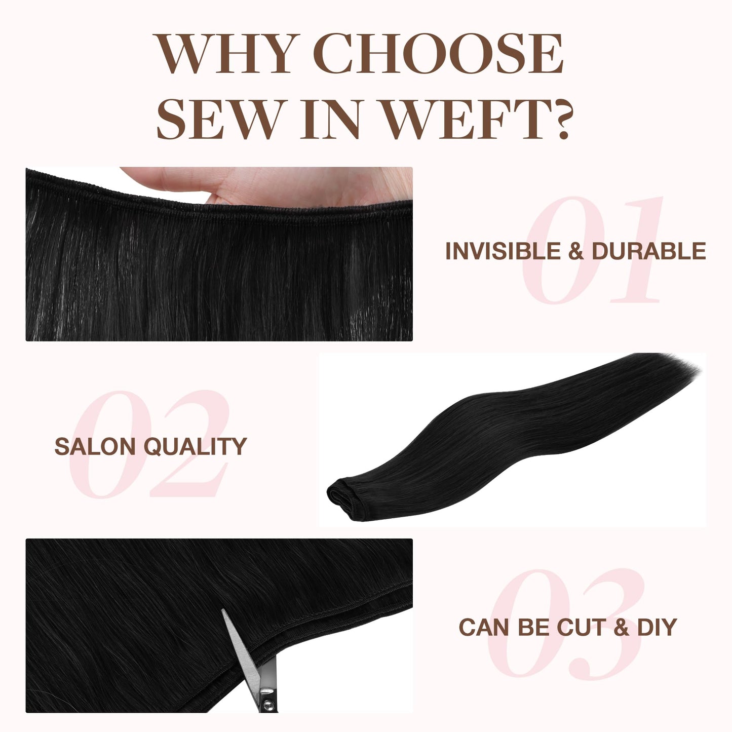 GOO GOO Sew in Hair Extensions Real Human Hair, Weft Hair Extensions Human Hair, 1 Jet black 22inch 110g, Weft Bundles Straight Silky Remy Hair