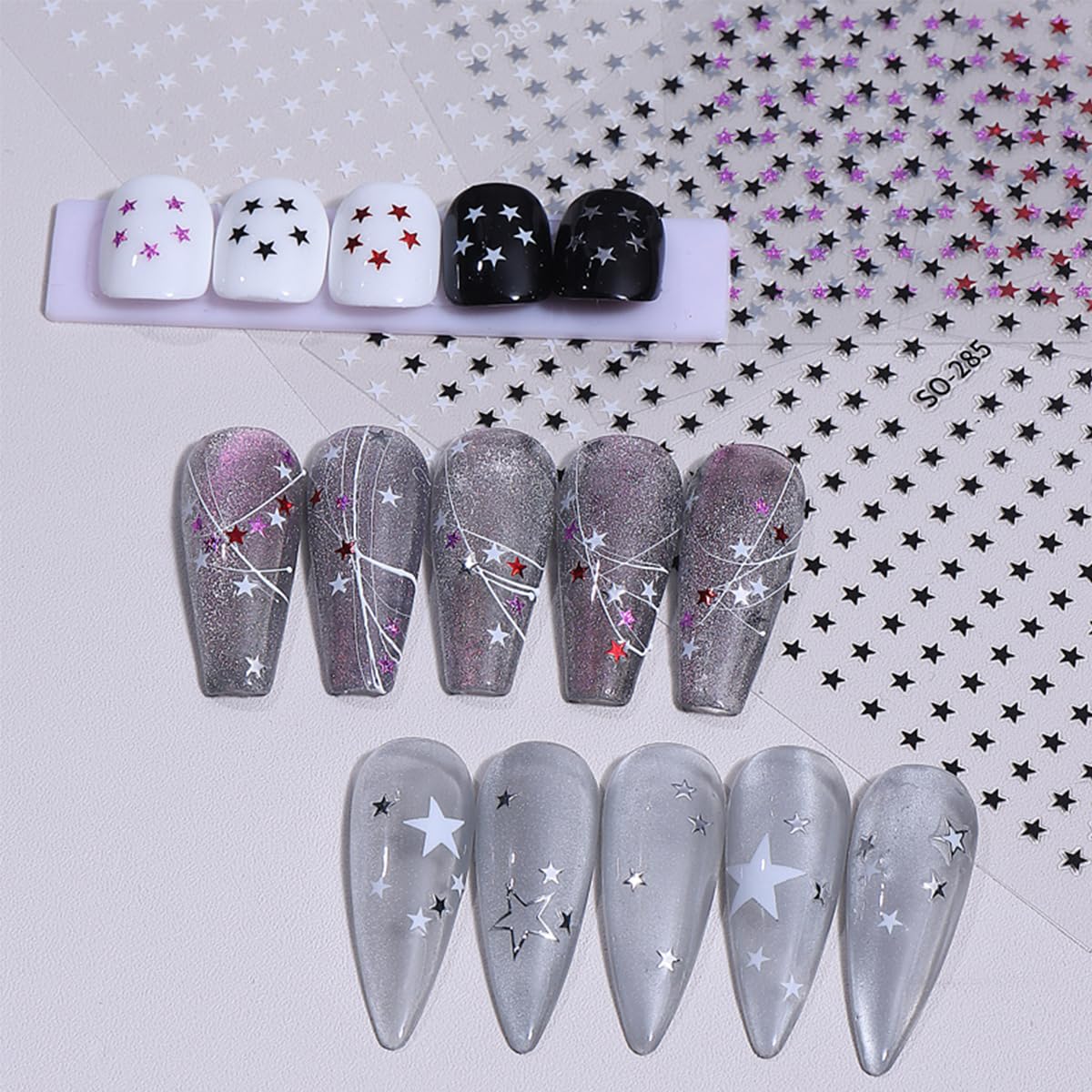 6 Sheets Star Nail Stickers 3D Glitter Stars Nail Art Decals Self-Adhesive Black White Silver Laser Purple Red Star Nails Design Supplies Independence Day Stars Stickers for DIY Acrylic Manicure Tips