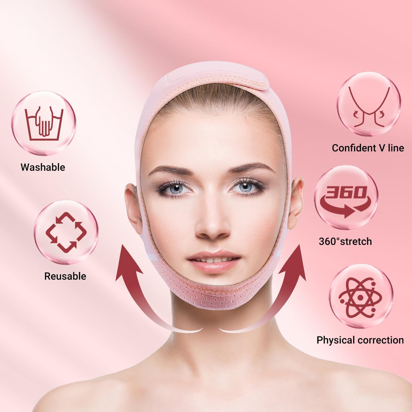 Juskaa Reusable V Line Lifting Mask with Chin Strap for Sleeping,Face Lift Prevent Sagging, Jaw Exerciser,Light Pink,M