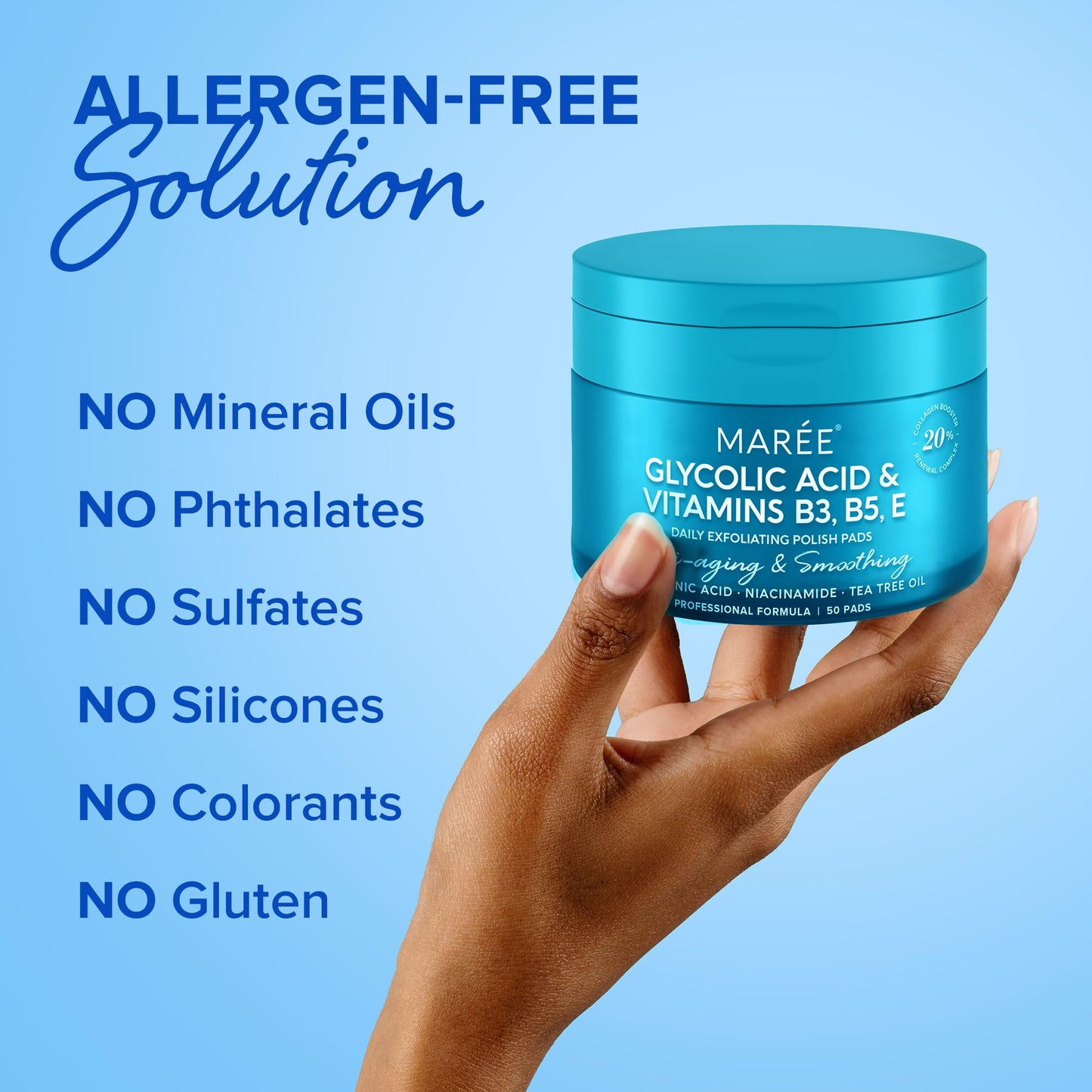 MAREE Glycolic Acid Polishes - Toner Pads for Face Cleansing - Tea Tree Oil, Salicylic Acid & Vitamins E, B3, B5 - Facial Peel & Radiance Deep Cleaning Effect - 50 Count