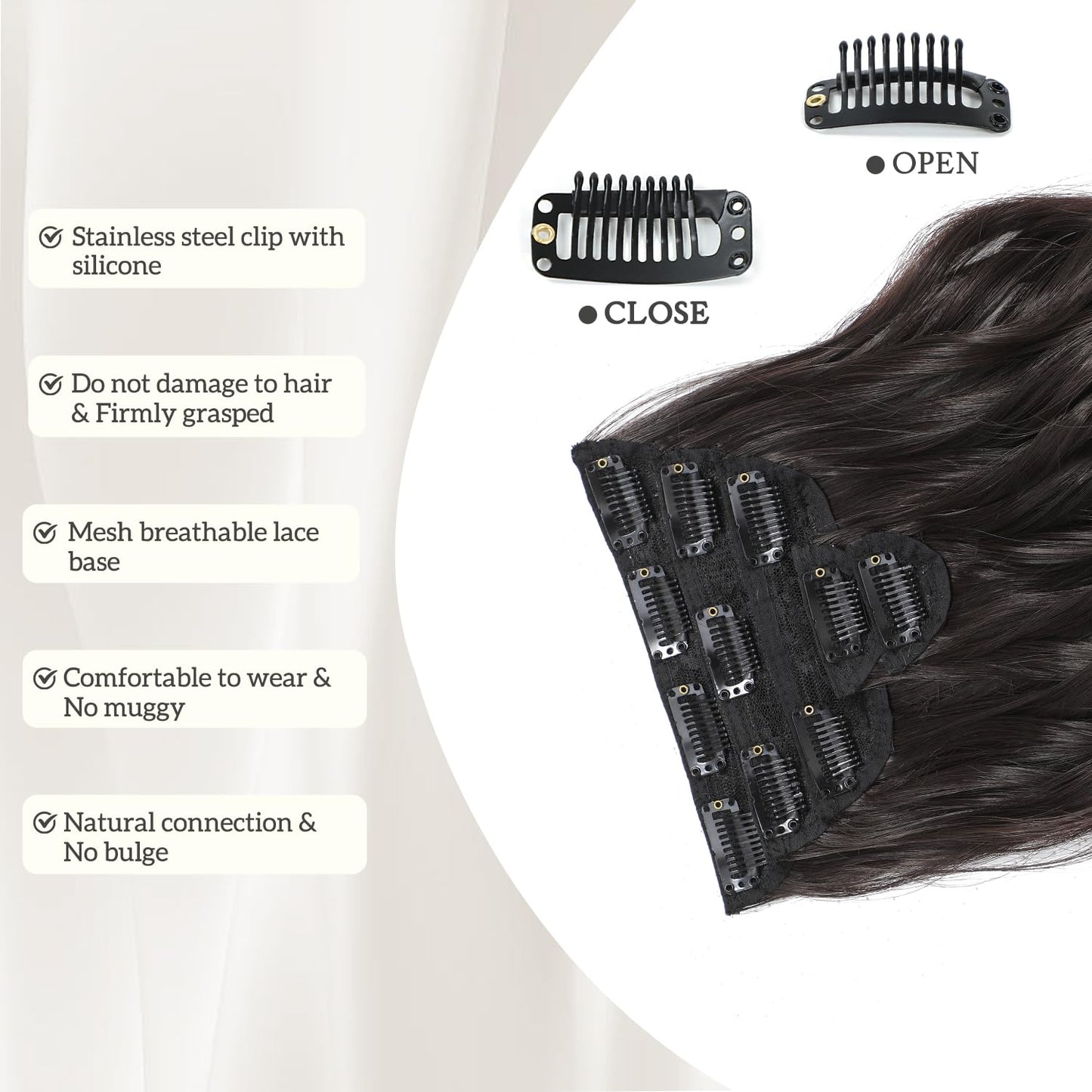 Fliace Clip in Hair Extensions, 6 PCS Natural & Soft Hair & Blends Well Hair Extensions, Dark Brown Long Wavy Hairpieces(20inch, 6pcs, Dark Brown)