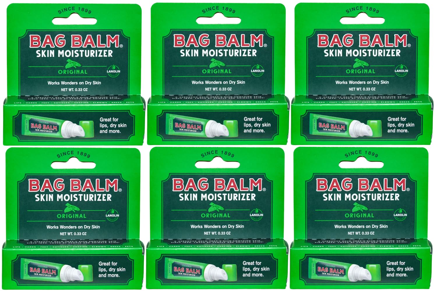 Bag Balm Original Lip Balm Tubes - 6 Pack for Chapped Lips & Dry Skin, 0.33oz Each