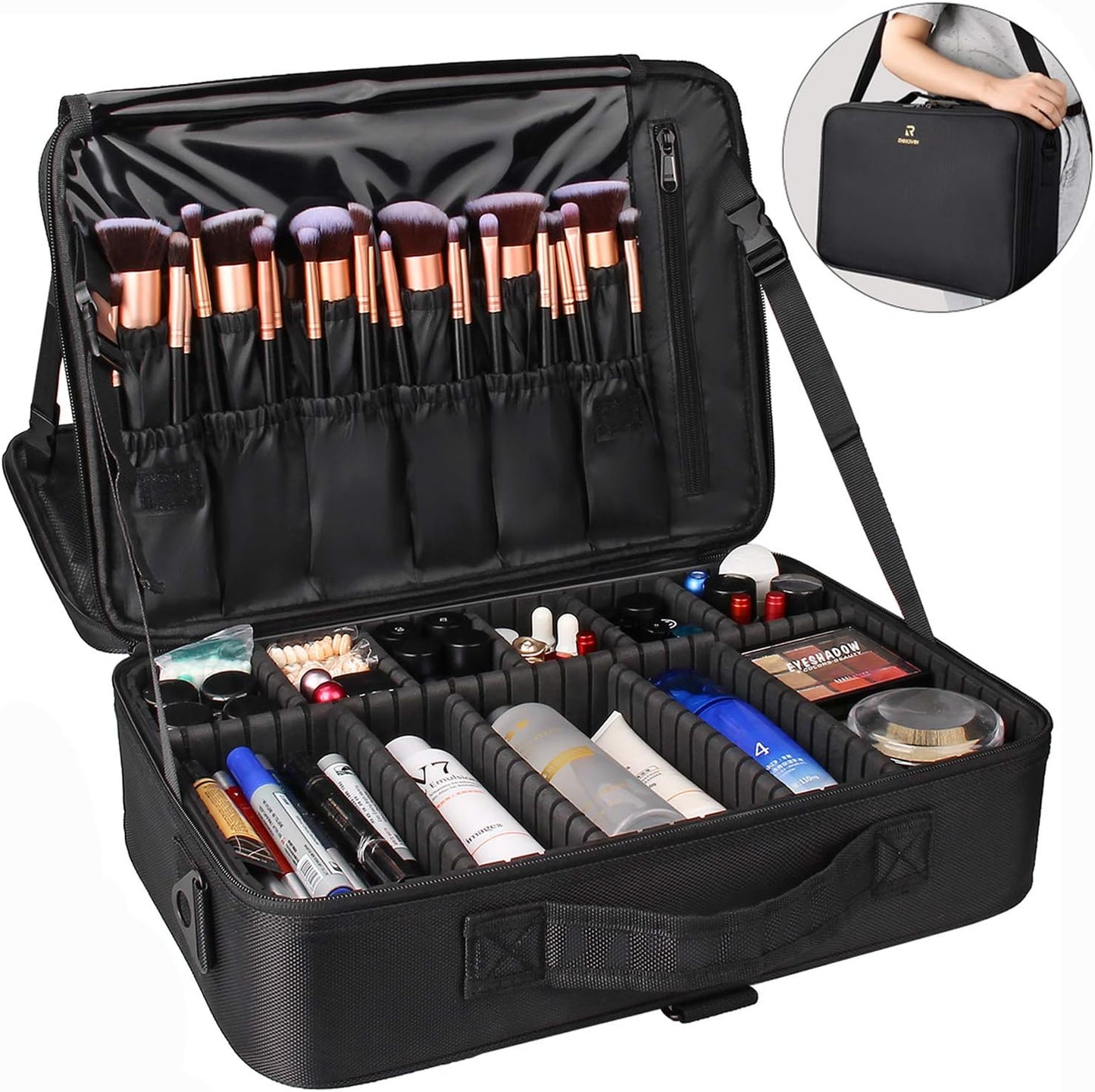 Relavel Portable Travel Makeup Case Organizer with Adjustable Dividers - Black Cosmetic Storage for Brushes, Toiletries & Jewelry
