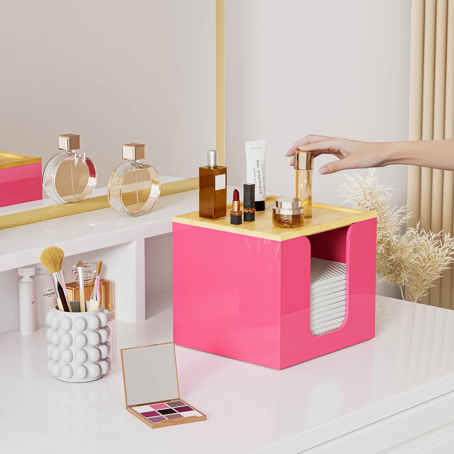 VITVITI Acrylic Face Towel Holder Box - Large Disposable Towel Storage with Bamboo Lid for Bathroom & Vanity