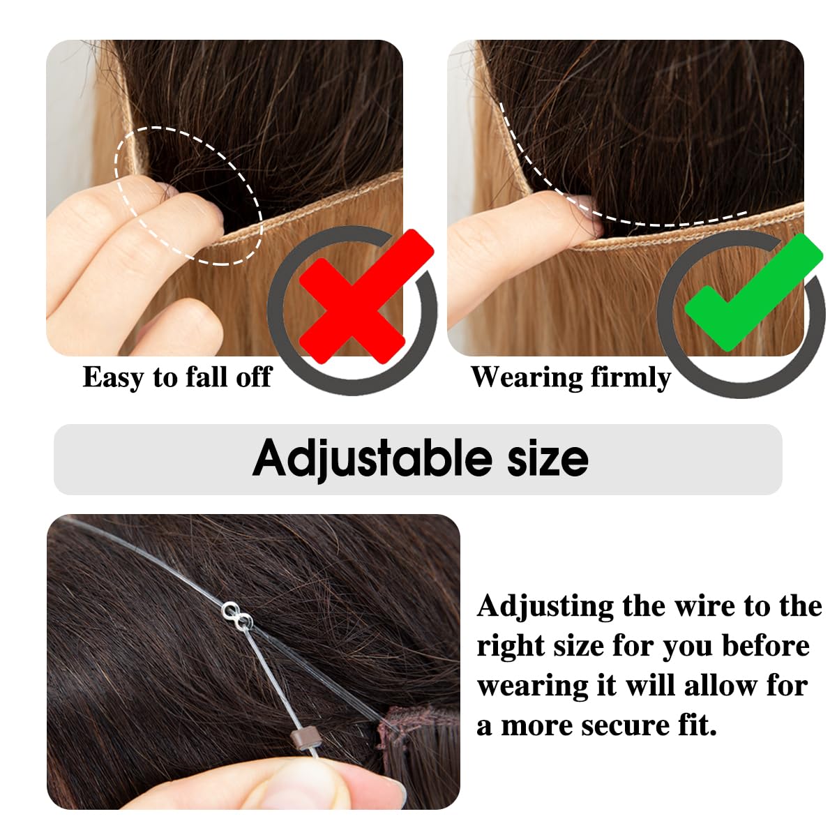 SARLA Invisible Wire Hair Extensions with 3 Clips Long Synthetic Wavy Curly Hairpiece Adjustable Transparent Headband for Women 18 Inch Ash Medium Brown/Ash Blonde Highlights