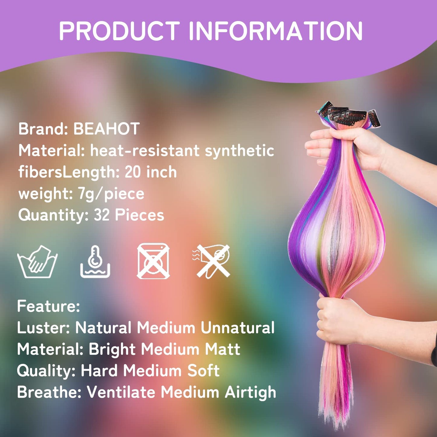 32 PCS Clip in Colored Hair Extensions for Kids, 20 Inches Rainbow Long Straight Hairpieces Synthetic,BEAHOT Hair Extensions-Pretty Gift for Cosplay Dress Up Fashion Party Birthday(32 Colors)