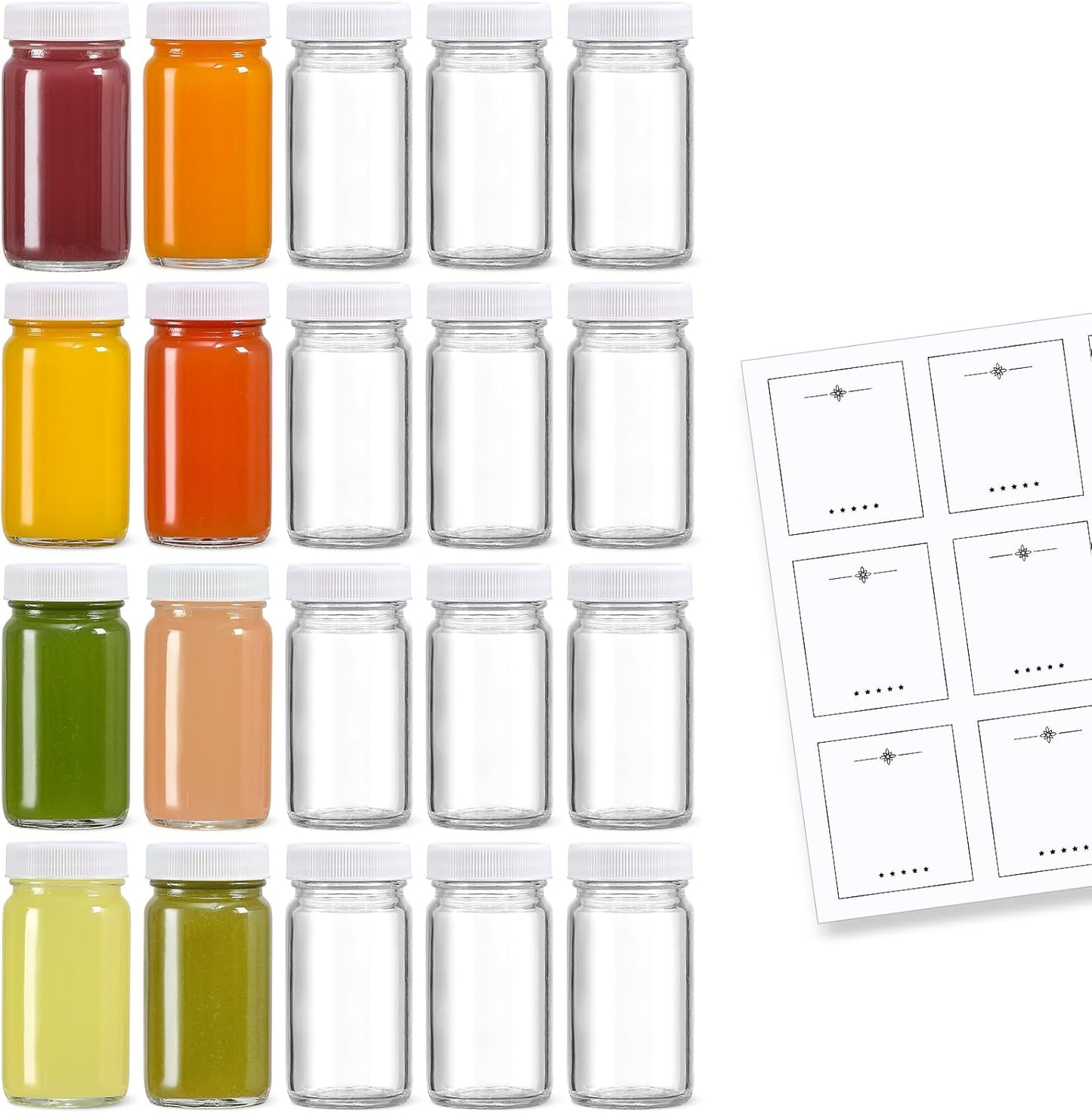 20 Pack Mini Glass Shot Bottles 2 oz with Lids & Labels - Leakproof Travel Jars for Juice, Whiskey, Wellness Shots