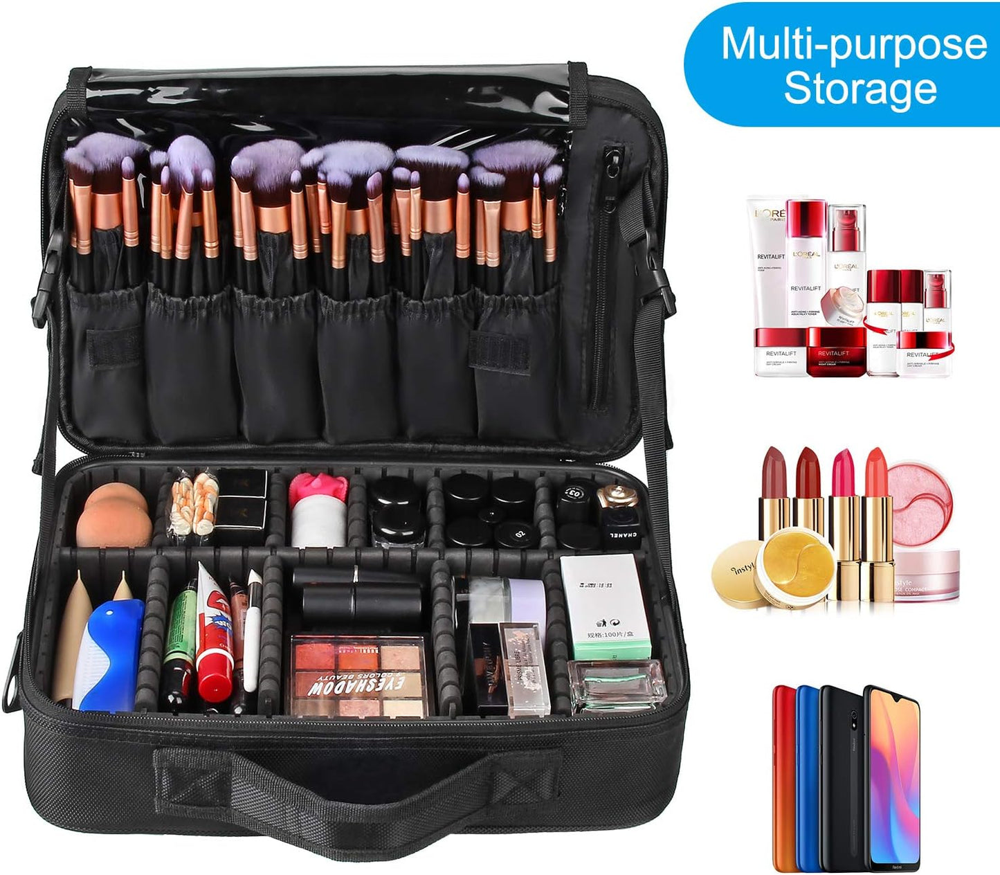 Relavel Portable Travel Makeup Case Organizer with Adjustable Dividers - Black Cosmetic Storage for Brushes, Toiletries & Jewelry