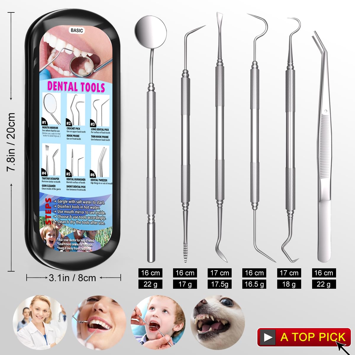 Dental Tools Plaque Remover Teeth Cleaning Tools Kit 6 Pcs Dental Care Kit Stainless Steel Dental Pick Tartar Remover Tool for Home/Travel/Pet Care-Storage Case Included