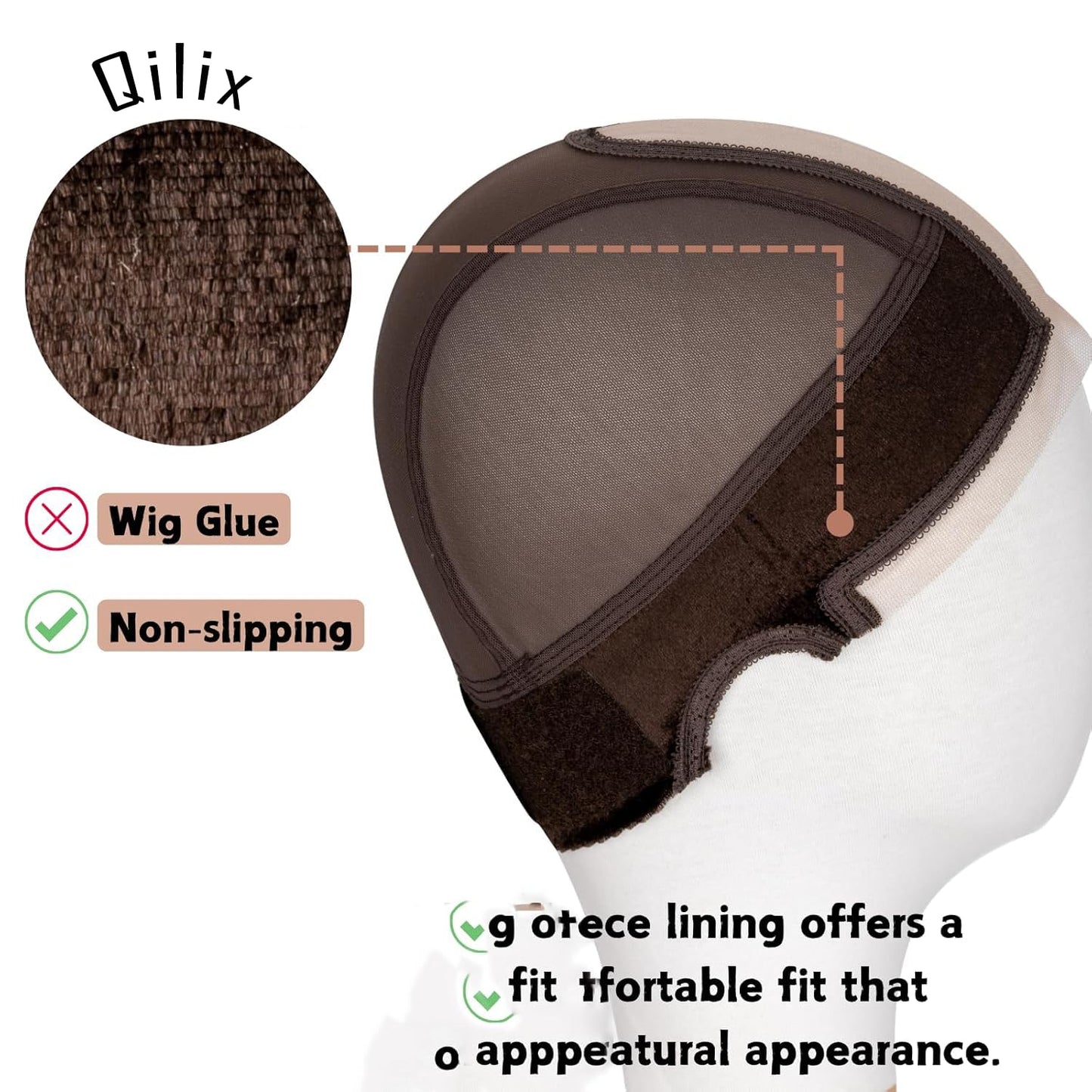 Qilix Women Lace Wig Grip Cap,Adjustable & Reinforced Lace Wig Grip Band by Hairline, Comfortable and Secure Glueless Velvet Headband, (light'brown black) (Brown)