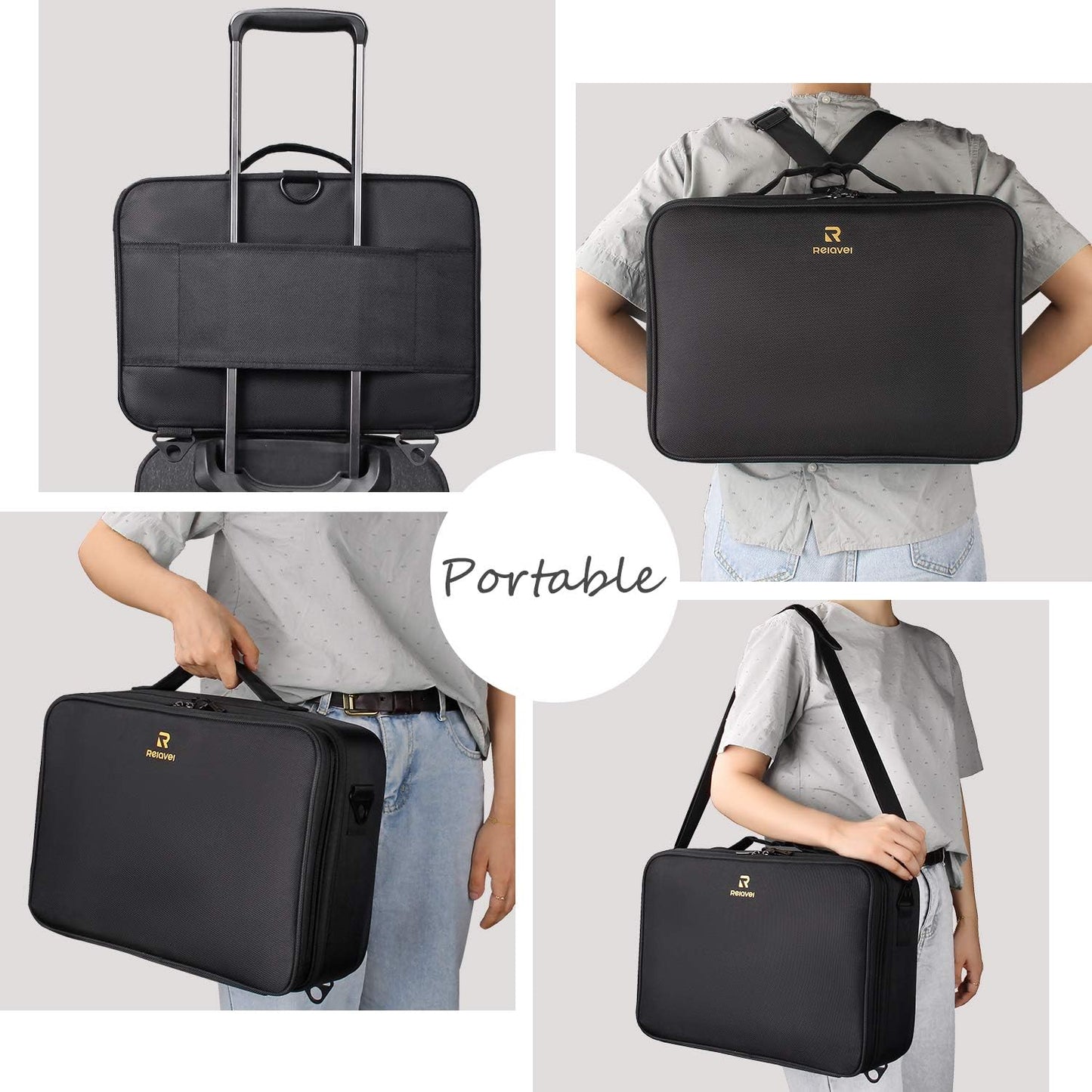 Relavel Portable Travel Makeup Case Organizer with Adjustable Dividers - Black Cosmetic Storage for Brushes, Toiletries & Jewelry