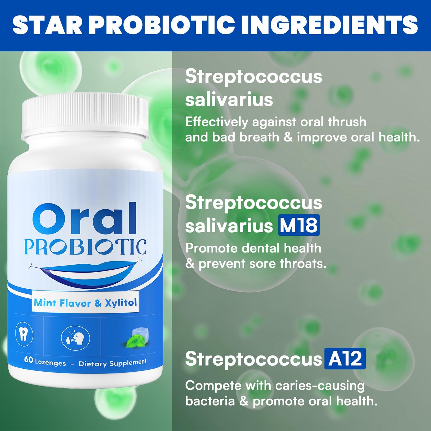 Oral Probiotics, 11 Billion CFU, with M18, A12, Oral Probiotics for Mouth Bad Breath for adults, Dry Mouth, Gum Health & Gum Restore, Chronic Halitosis, Fresh Breath, 60 Lozenges (Mint Flavor)