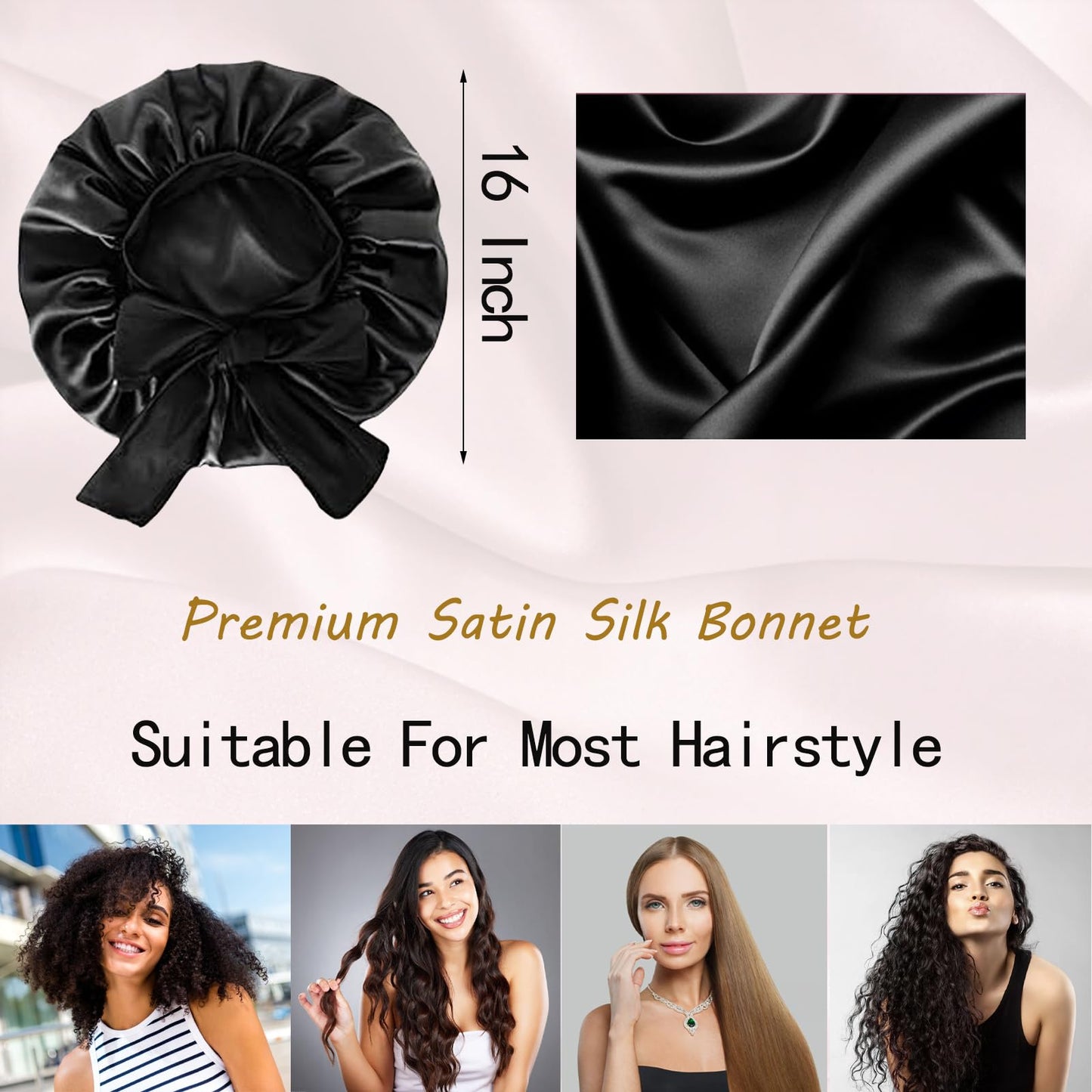 Silk Bonnet Satin Bonnet for Sleeping Large Bonnets with Tie Band Hair Wrap with Adjustable Straps Hair Cap for Women Curly Black
