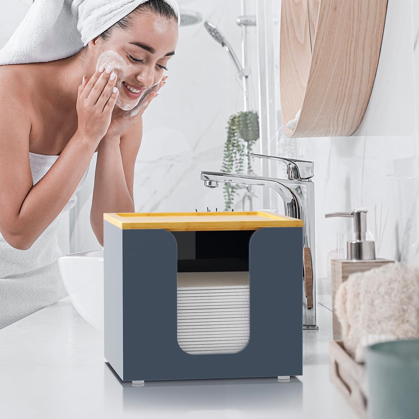 VITVITI Acrylic Face Towel Holder Box - Large Disposable Towel Storage with Bamboo Lid for Bathroom & Vanity