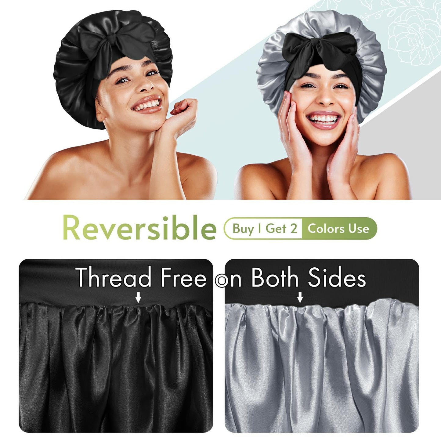 BONNET QUEEN Silk Bonnet for Sleeping Double Layer Satin Bonnet Reversible Bonnet with Tie Band Hair Bonnet Sleep Cap for Women Curly Hair,Black+Grey