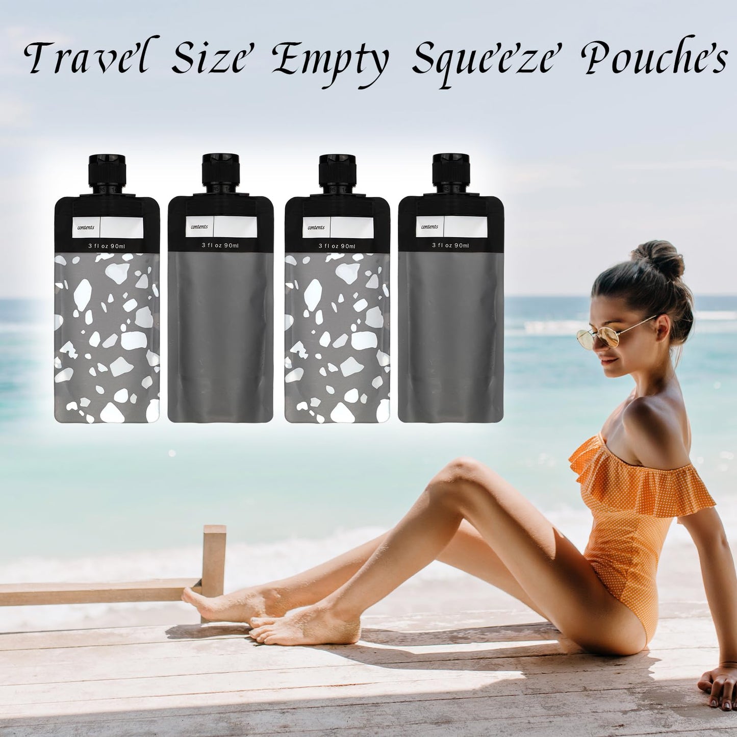 4 PCS Travel Pouches for Toiletries, 3oz Leak Proof Empty Squeeze Pouches, Refillable Travel Containers, Portable Travel Fluid Makeup Packing Pouches for Shampoo Conditioner Lotion Body Wash, Style 4