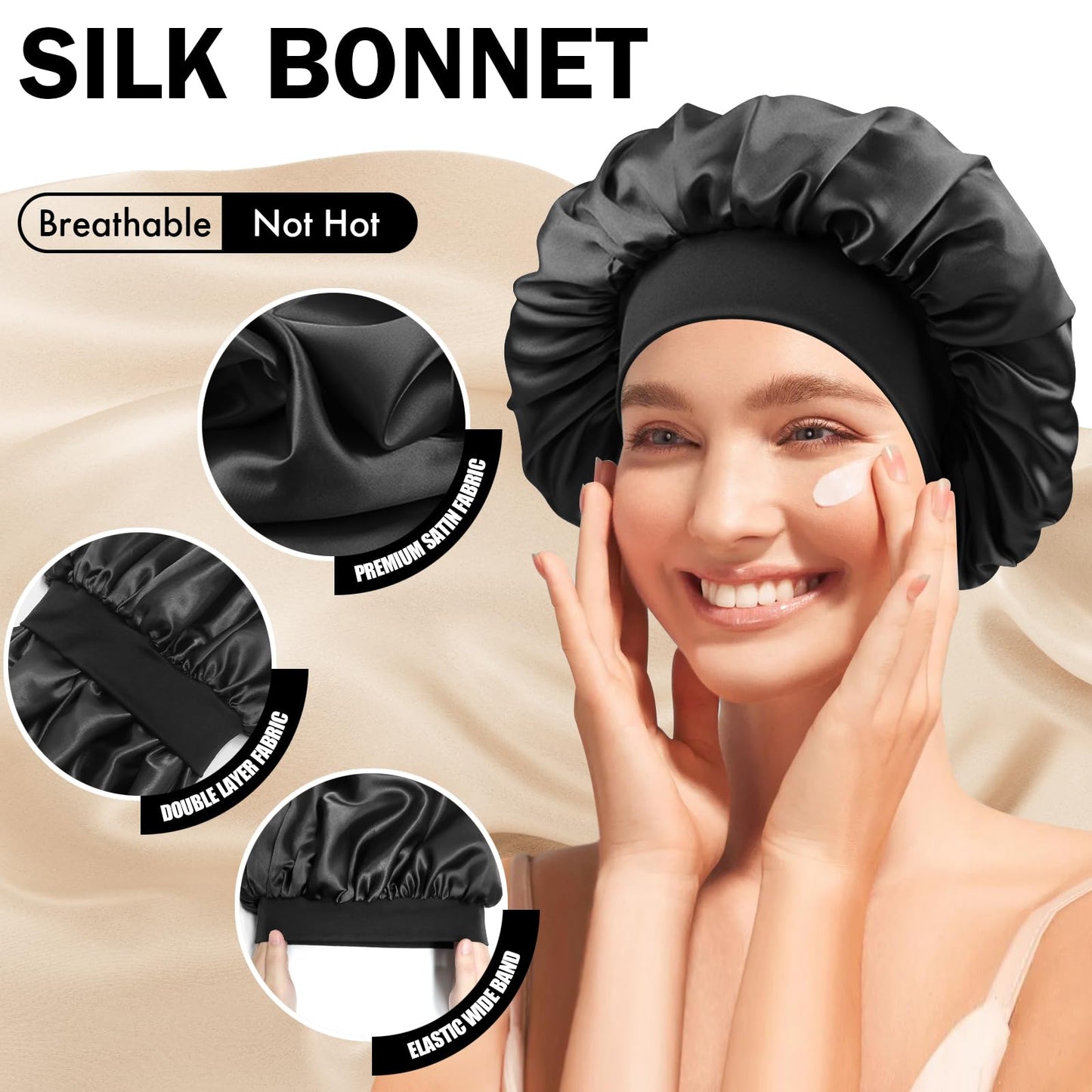 Doitory Satin Silk Bonnet for Sleeping, Double Layer Silk Sleep Cap for Men & Women, Soft Satin Lined Bonnet for Natural & Curly Hair(Black)