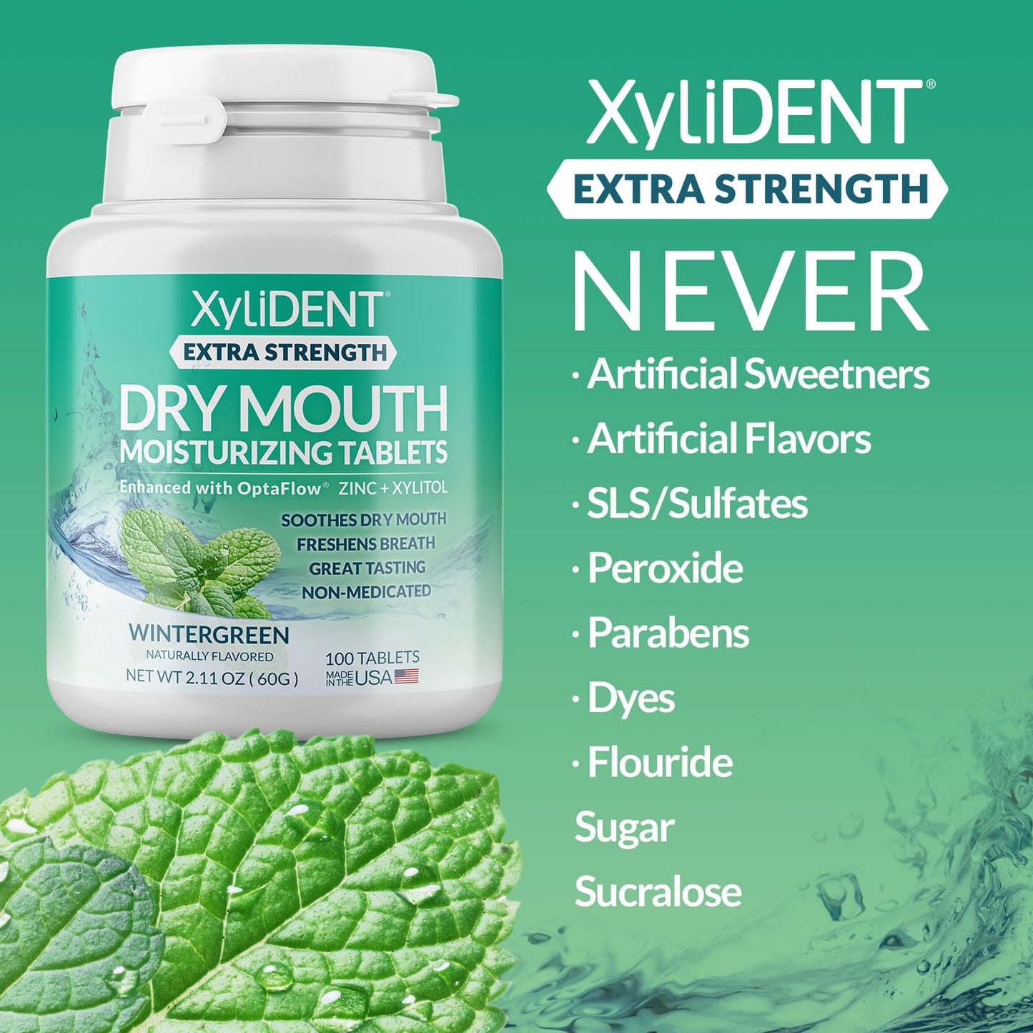 XyliDENT Extra Strength Xylitol Tablets for Dry Mouth Relief - Stimulates Saliva, Freshens Breath, Reduces Acid Production, Fast Acting Relief, 100 Count (Wintergreen)