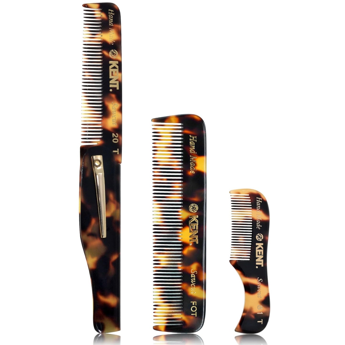 Kent Set Men's Hair Combs - 81T X-Small & 20T Folding Fine Tooth Grooming Kit for Hair, Beard & Mustache - Handmade in England