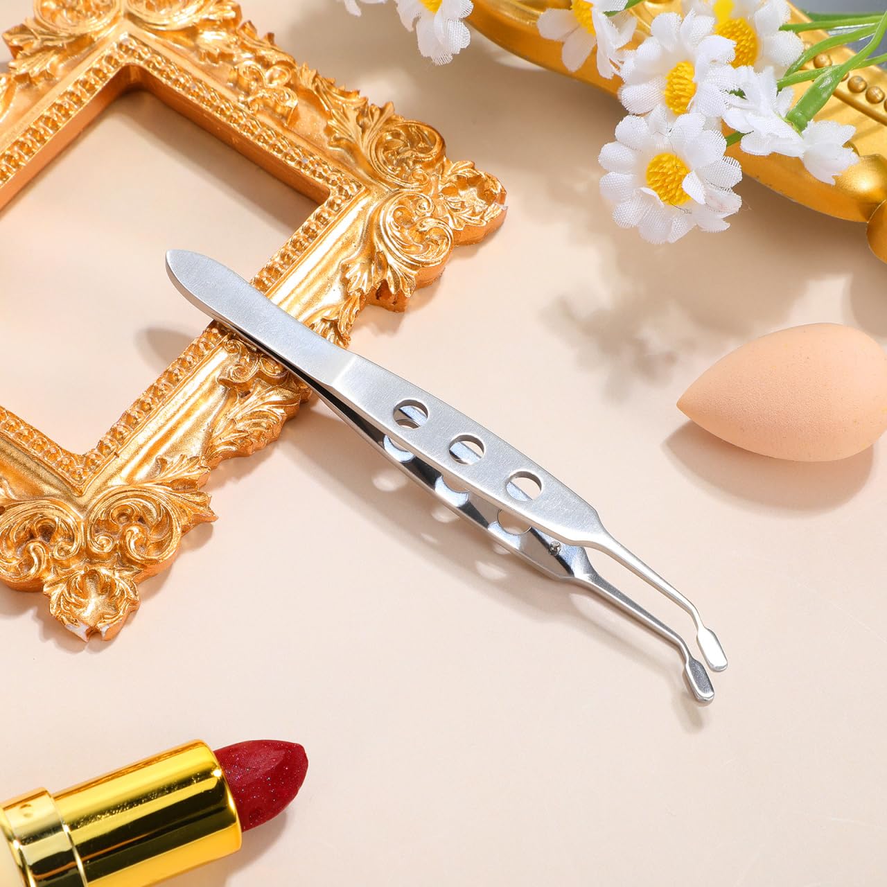 TEHAUX Meibomian Gland Expressor, Stainless Steel Eyelid Massage Tweezer with Positioning Pin, Prevent Excessive Force, Rectangle Tip Eyelid Expressor for Dry Eyes (Silver)