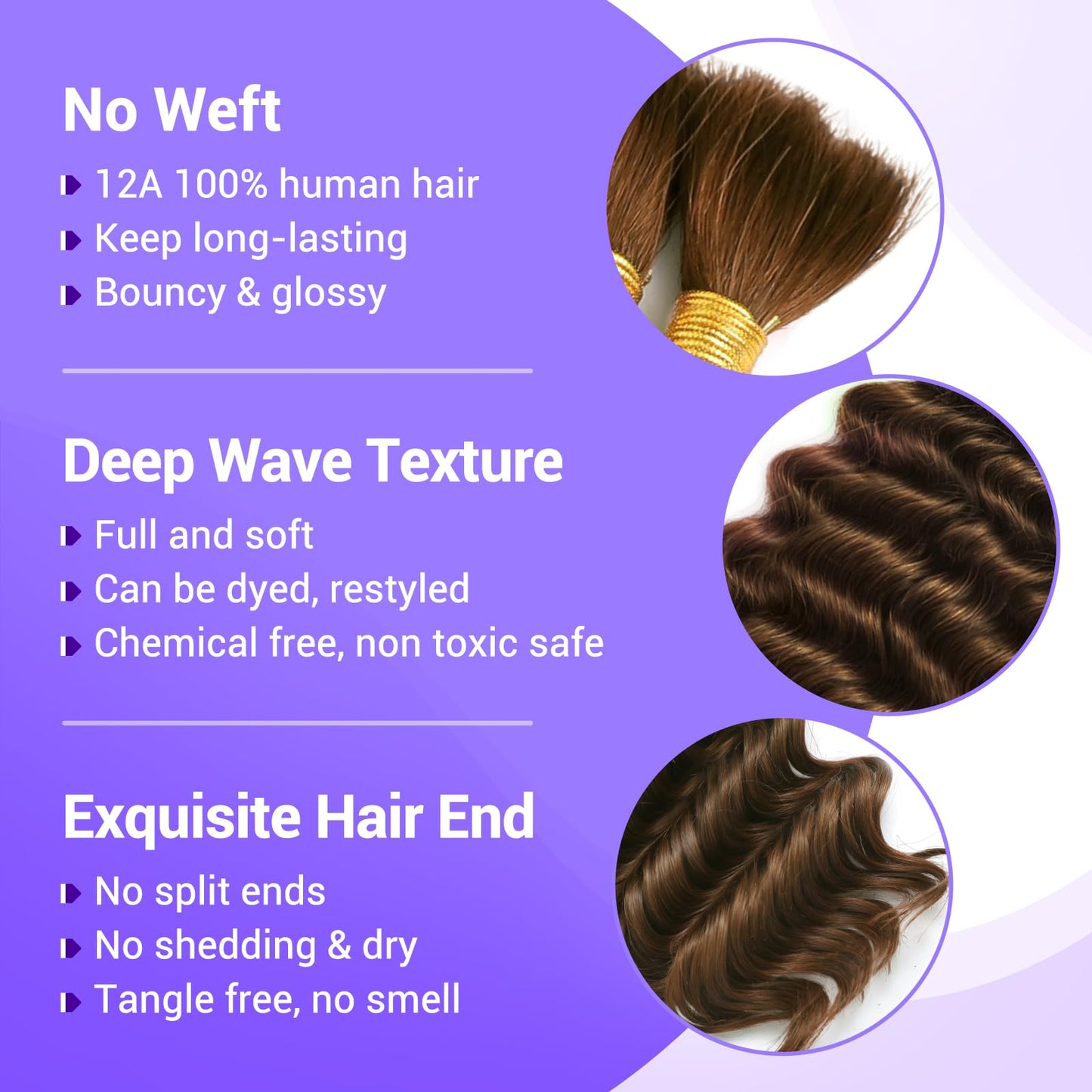 Human Braiding Hair for Boho Braids 110g 20 Inch Color 4 Deep Wave Boho Bulk Human Hair for Braiding Knotless 12A Wet and Wavy Bohemian 3 No Weft Bundles/Pack Curly Braids Brown