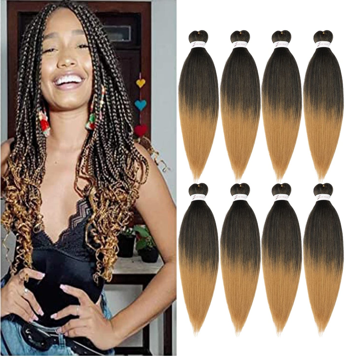 8 Packs 20-Inch Ombre Pre-Stretched Braiding Hair - Soft Yaki Texture Extensions