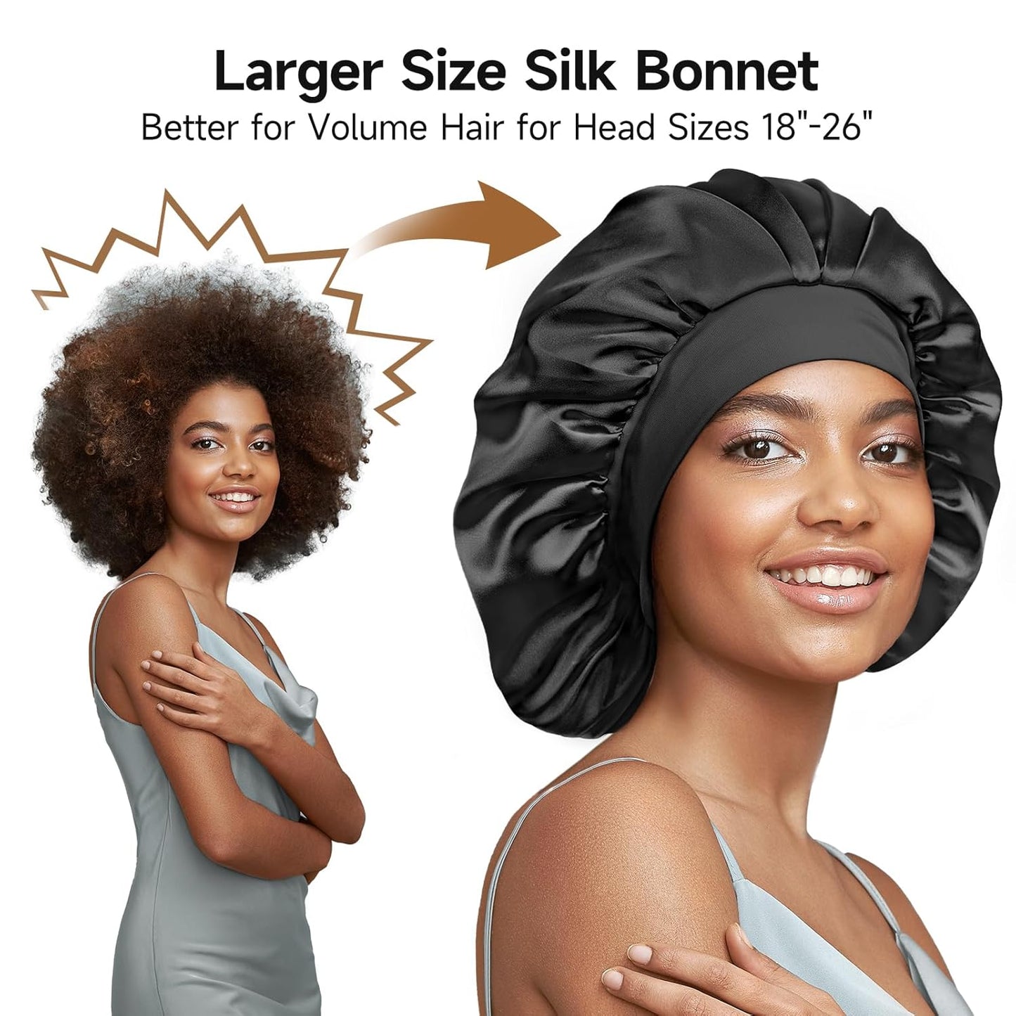 22 Momme Mulberry Silk Bonnet for Women - Double-Sided Non-Slip Sleep Cap for Long Curly Hair, Adjustable Band, Ebony