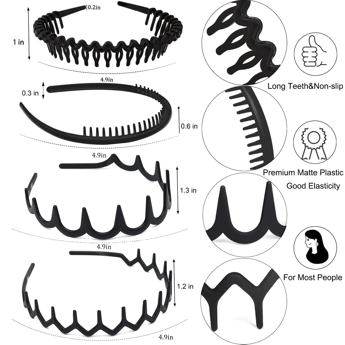 ULTIMUTE 8 PCS Fashion No Slip Effortless Plastic Headbands with Teeth Comb Black Skinny Hair Accessories Bands for Women Men Teen Girls, Matte Black