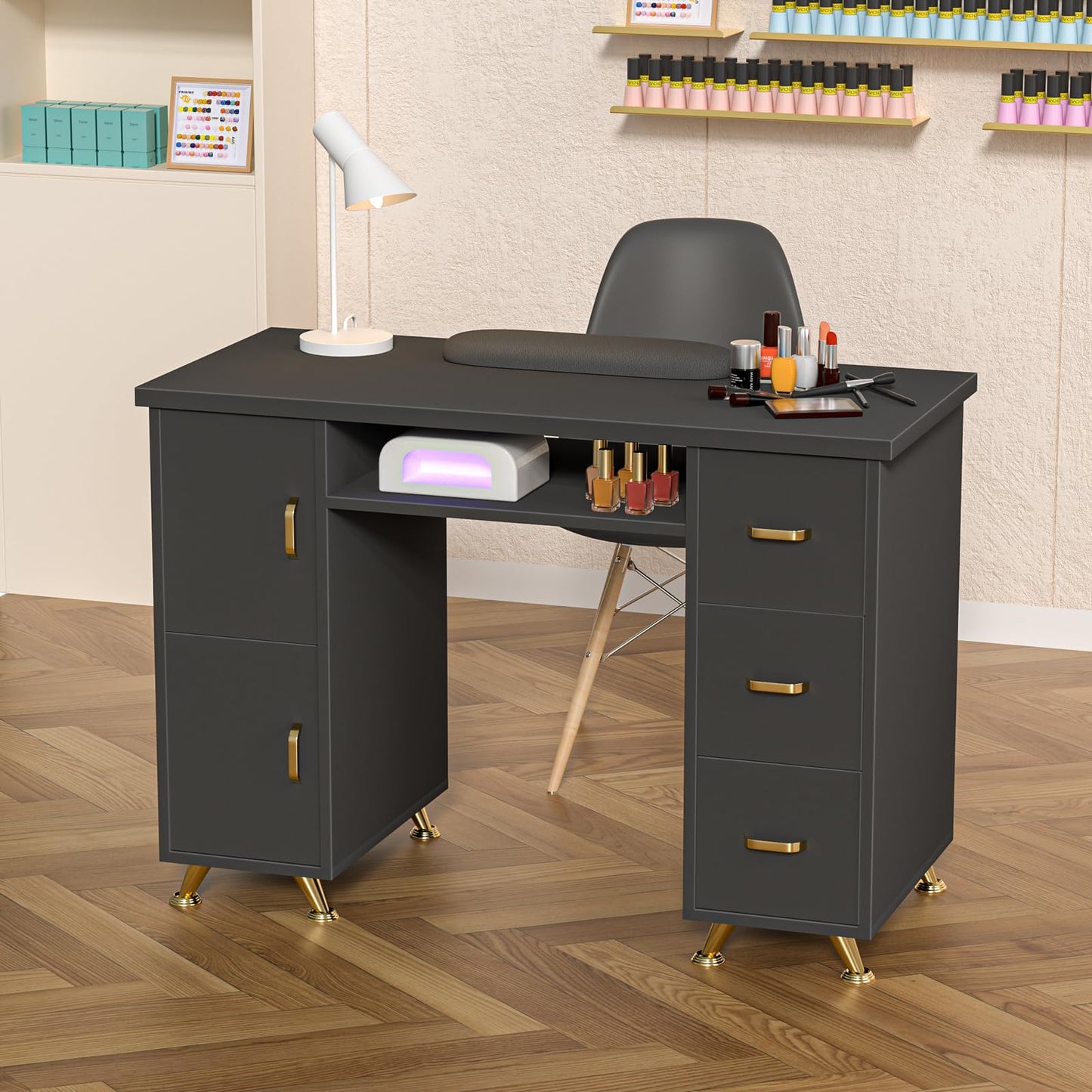 DeerDean Black Nail Tech Desk with Golden Handles & Extended Drawers & Cabinets & Wrist Cushion
