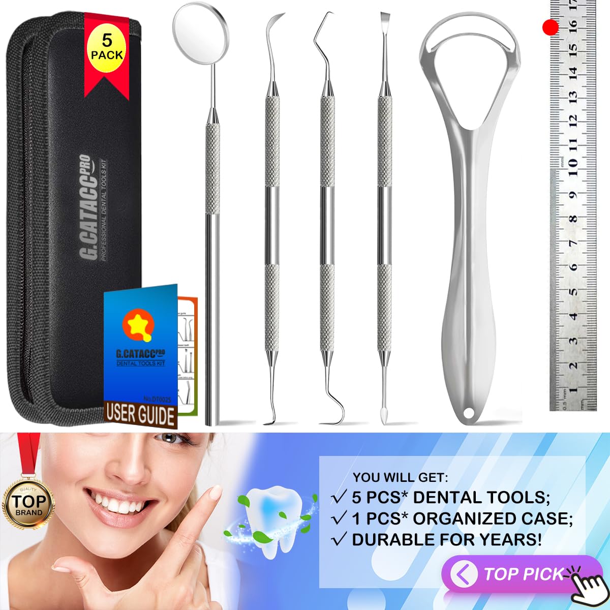 G.CATACC Dental Tools Teeth Cleaning Oral Care Hygiene Kit with Metal Dental Pick, Tongue Scraper Plaque Tartar Remover for Teeth - with Case