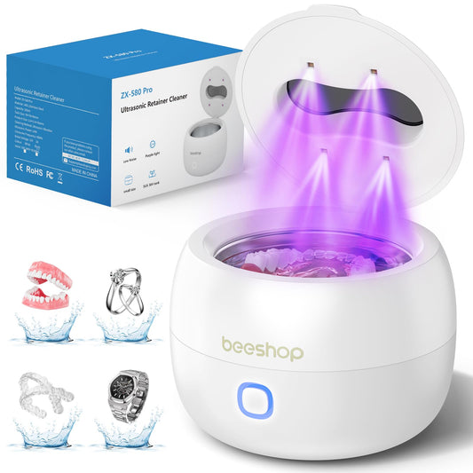 Ultrasonic Retainer Cleaner, 45kHz Retainer Cleaner Machine for Dentures, Mouth Guards, Night Guard, Braces, Aligner, Jewelry, 3 Modes Denture Cleaner & 200ML Dental Cleaning Pod (White)