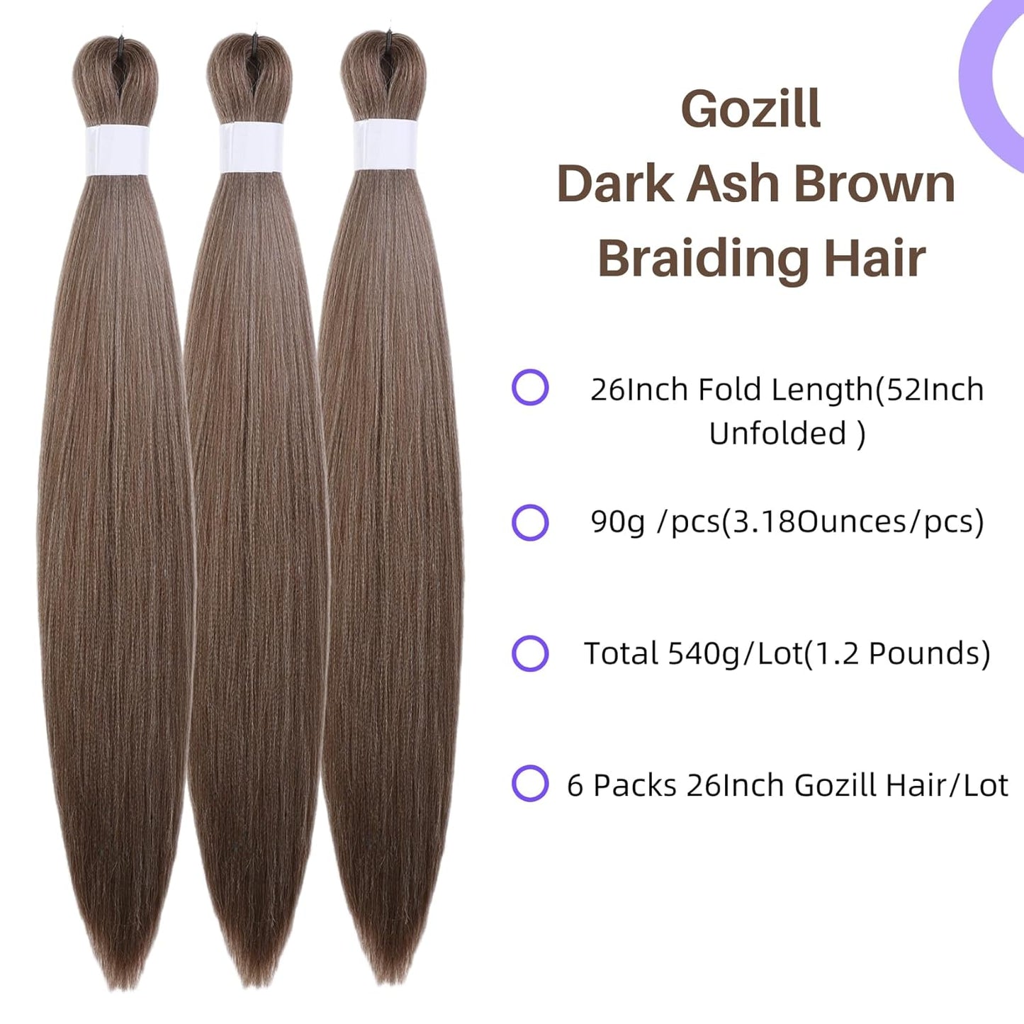 Ash Brown Pre-Stretched Knotless Braiding Hair Extensions - 6 Packs Synthetic Box Braids