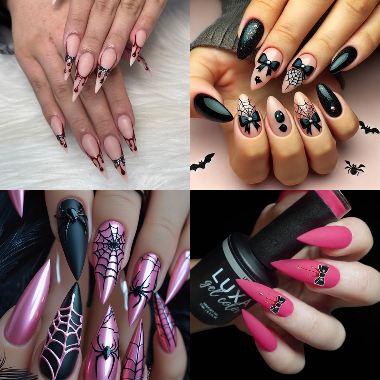 4 Sheets Halloween Nail Stickers for Nail Art Black Bow Spider Web Nail Decals with Crystal Diamond Designs Bloody Bows Nail Art Stickers 5D Self-Adhesive Halloween Nail Decoration for Women