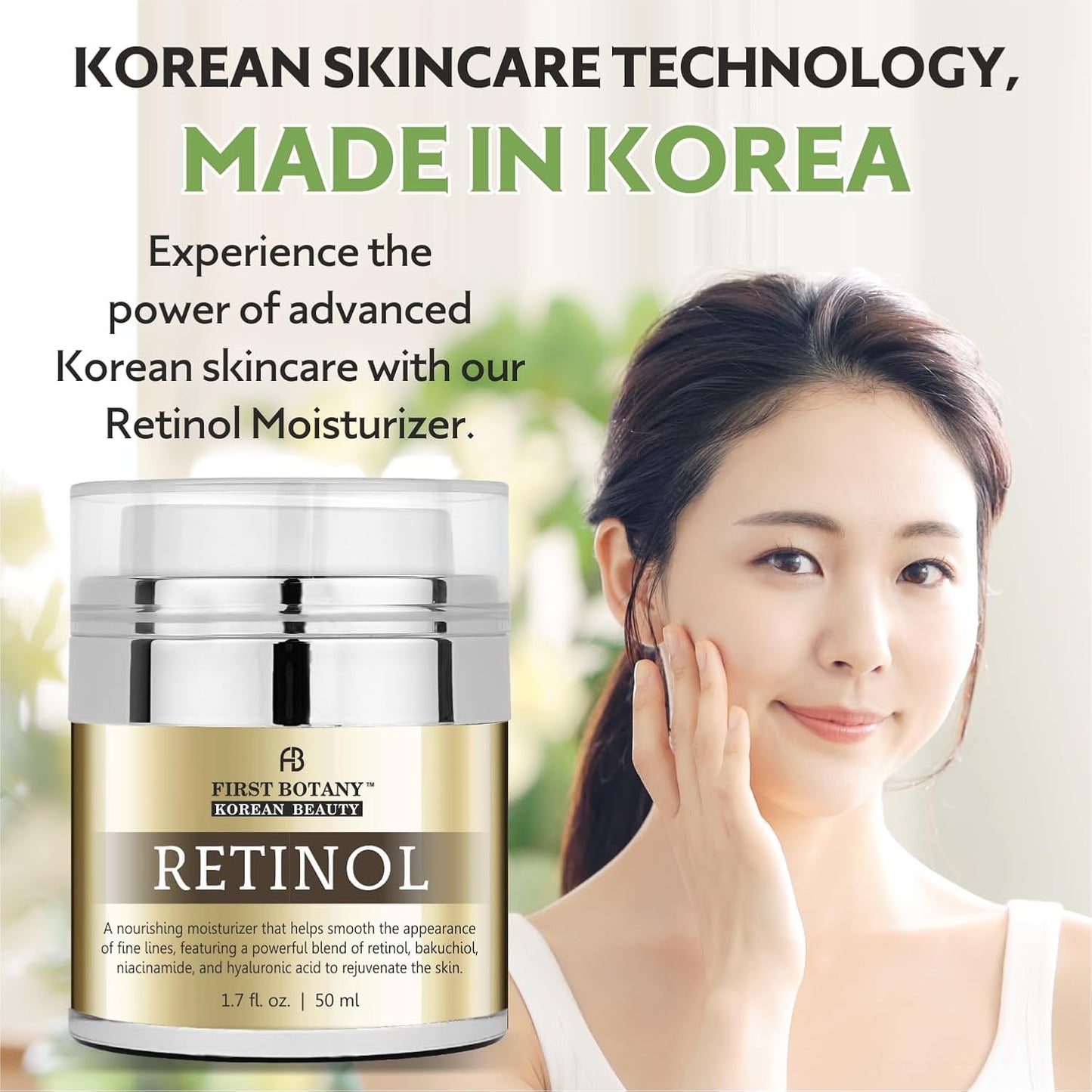 Korean Retinol Moisturizer Face Cream - Hydrating Anti-Aging Cream with Bakuchiol, Niacinamide & Hyaluronic Acid - 1.7 Fl Oz, Cruelty-Free