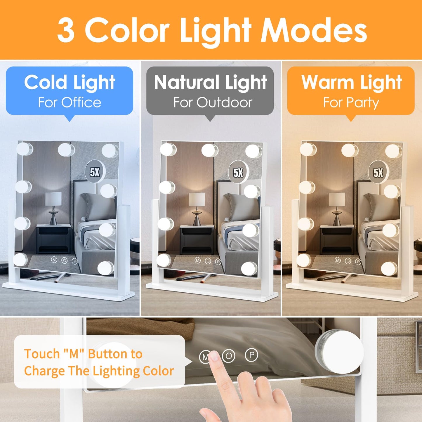 Vanity Mirror with Lights, Hollywood Lighted Makeup Mirror with 3 Color Lighting Modes and 9 Dimmable Bulbs, Detachable 5X Magnification, Smart Touch Control, 360°Rotation, White