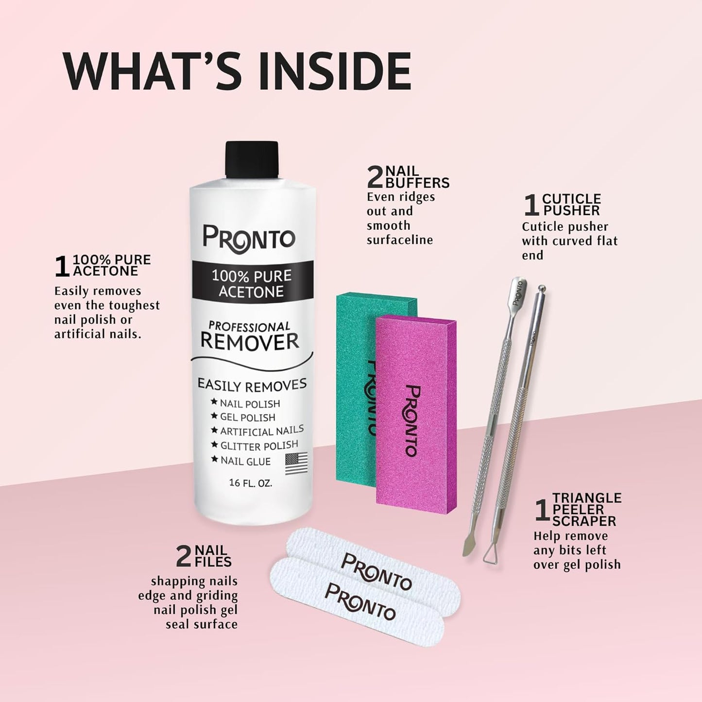 Pronto Pure Acetone 16 oz Nail Polish Remover - Complete Acrylic Nail Kit with Cuticle Pusher, Nail File & Buffer for Gel & Dip Powder Removal