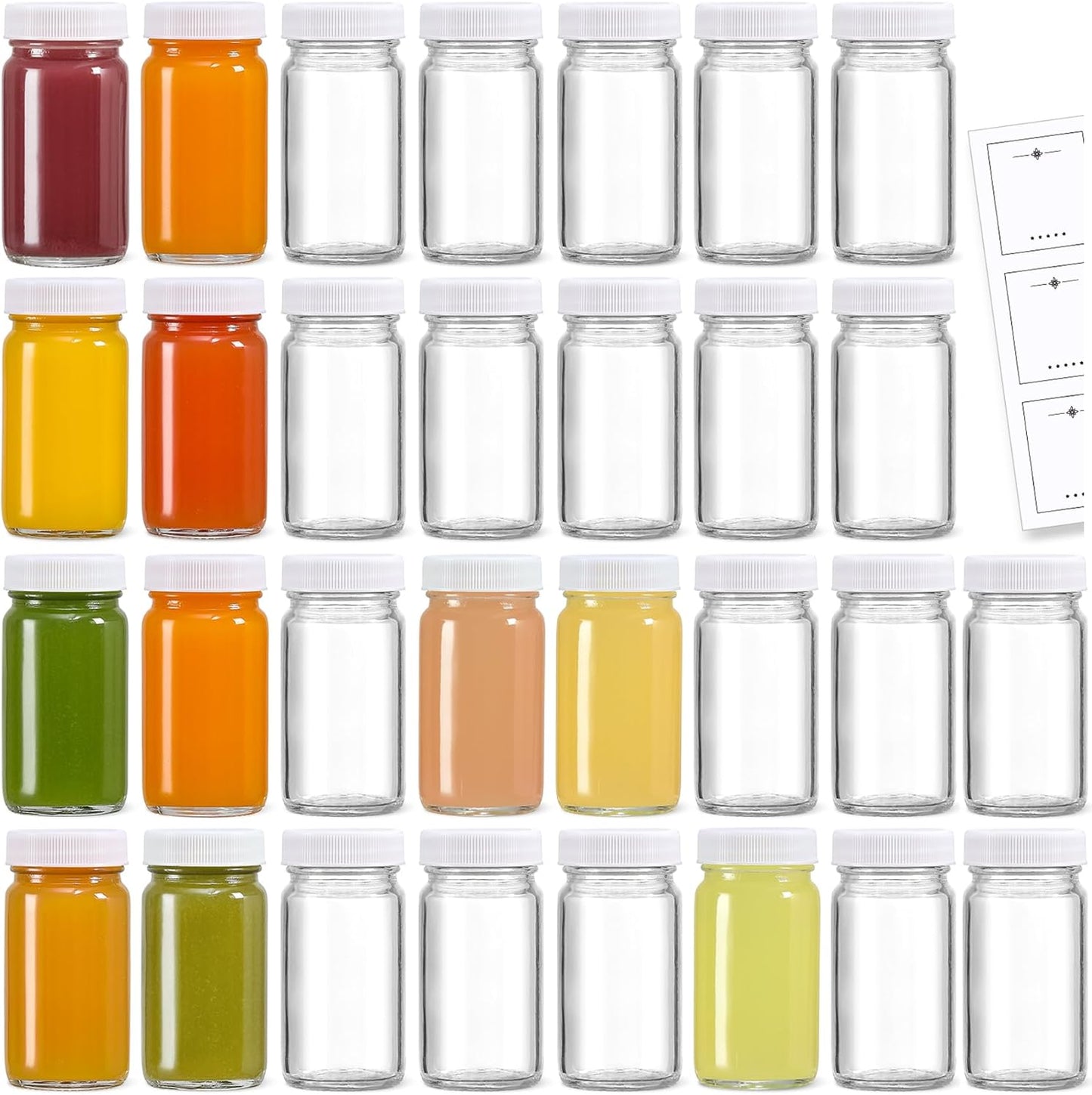 20 Pack Mini Glass Shot Bottles 2 oz with Lids & Labels - Leakproof Travel Jars for Juice, Whiskey, Wellness Shots