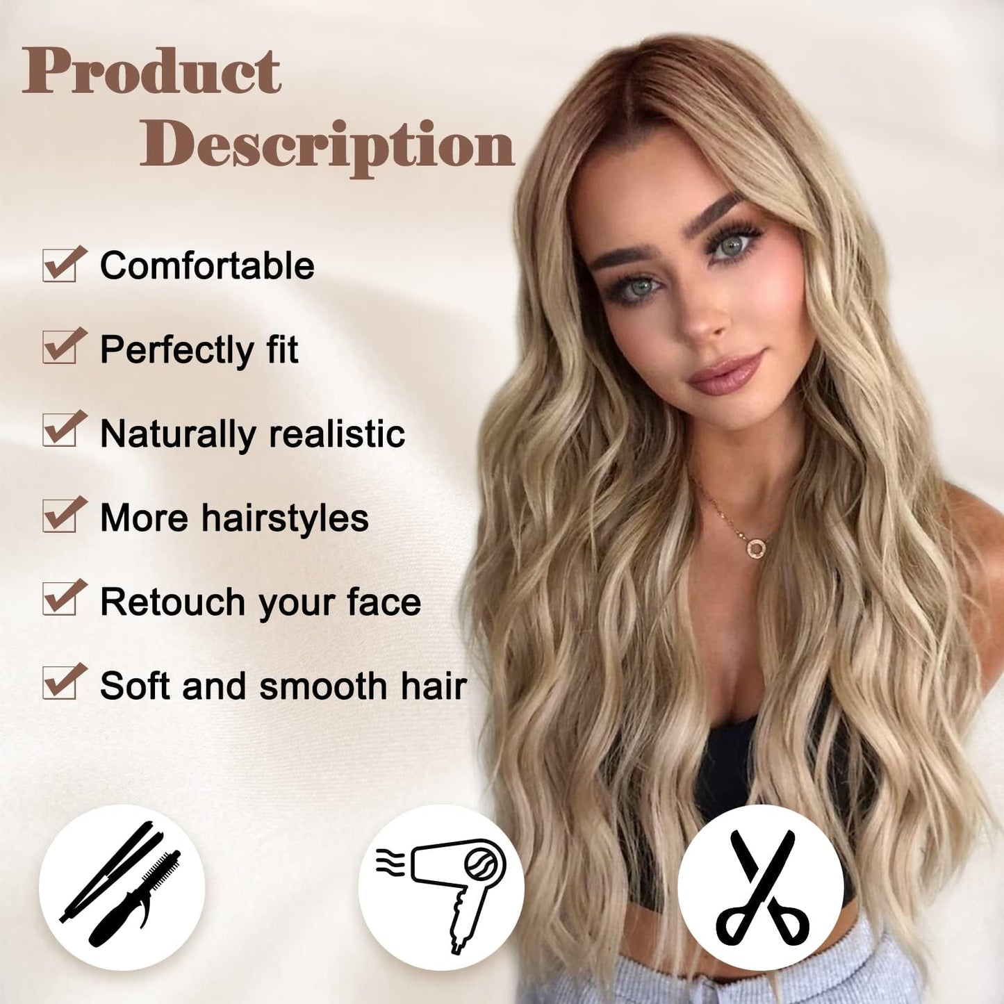 NAYOO Long Ombre Blonde Wavy Wig for Women 26 Inch Middle Part Curly Wavy Wig Natural Looking Synthetic Heat Resistant Fiber for Daily Party Use (Ombre Blonde)