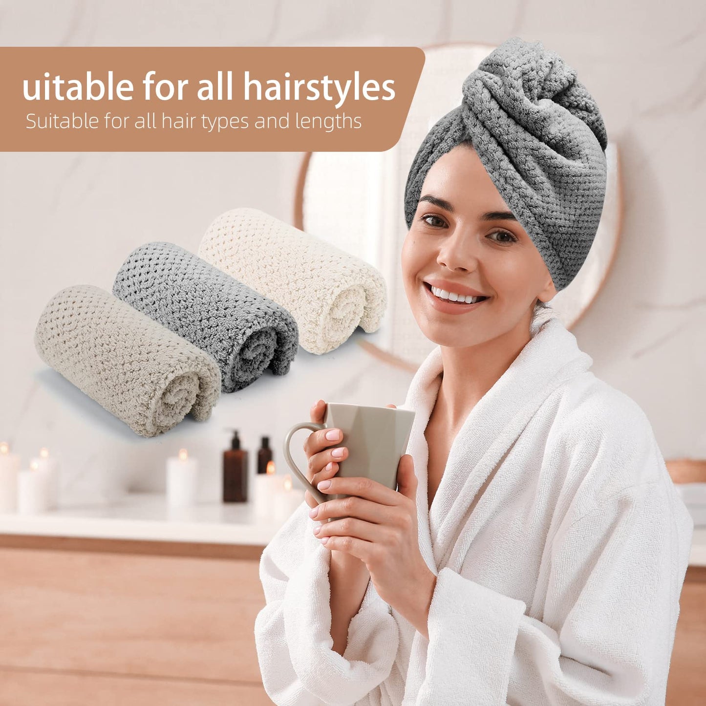 CZZXI 3 PCS Microfiber Hair Towel - Wraps for Wet Hair, Anti Frizz Turbans, for Curly Hair (Beige, Khaki, Grey)