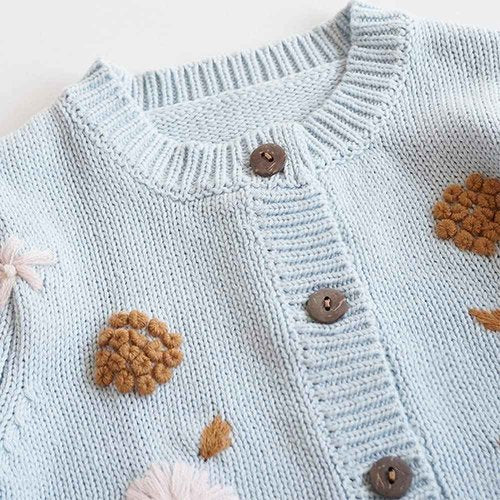 Simplee kids Baby Girls Cardigan Hand Knitted Cardigan with Hand Embroidery Sweater Long Sleeve Coat for Winter and Autumn 6-12 Months B-Blue