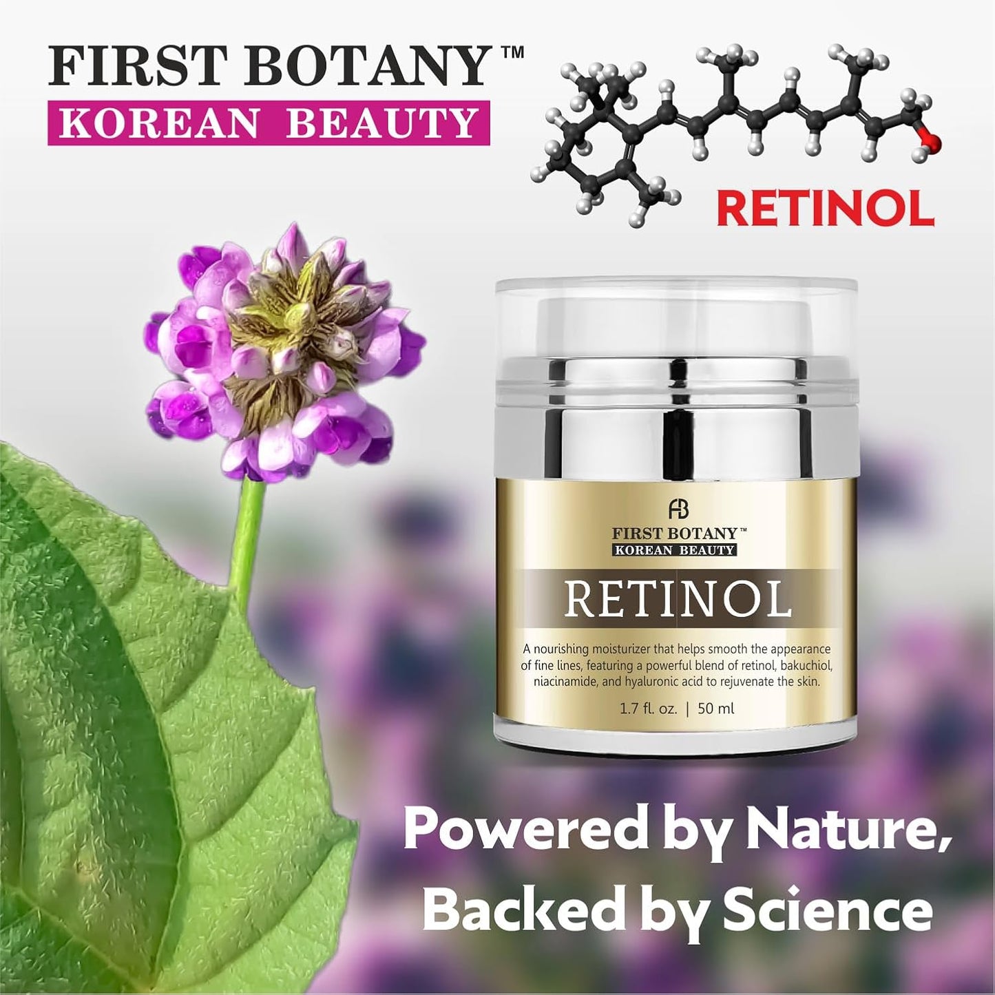 Korean Retinol Moisturizer Face Cream - Hydrating Anti-Aging Cream with Bakuchiol, Niacinamide & Hyaluronic Acid - 1.7 Fl Oz, Cruelty-Free
