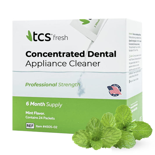 TCS Fresh Dental Appliance Cleaner, 24 Count Professional Strength Concentrated Cleanser Powder - Flexible Partial Cleaners, Denture Cleaner & Dental Night Guard Cleaner, Mint Flavor (6 Month Supply)
