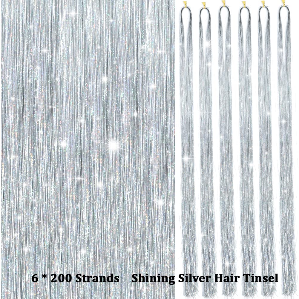 MISSUHUI Hair Tinsel Kit With Tools 48 Inch 1200 Strands Glitter Tinsel Hair Extensions Sparkling Shiny Hair Tinsel Strands Kit Heat Resistant for Women Girls 6Pcs (Silver)
