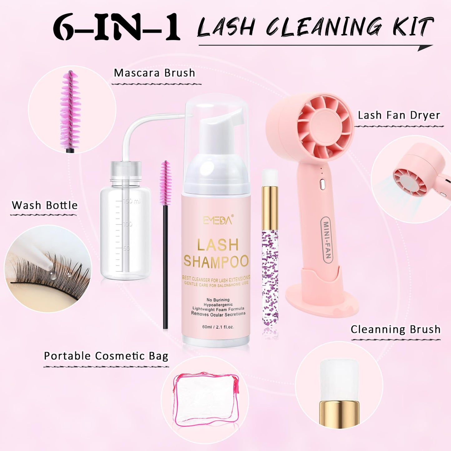 EMEDA Lash Shampoo Kit 2.02 fl oz Lash Cleaning Kit with Rechargeable Fan Dryer/Brush/Rinse Bottle, Oil-free Cleanser Wash for Extensions & Clusters & Natural Eyelashes, Cleaner for Eyelash Care