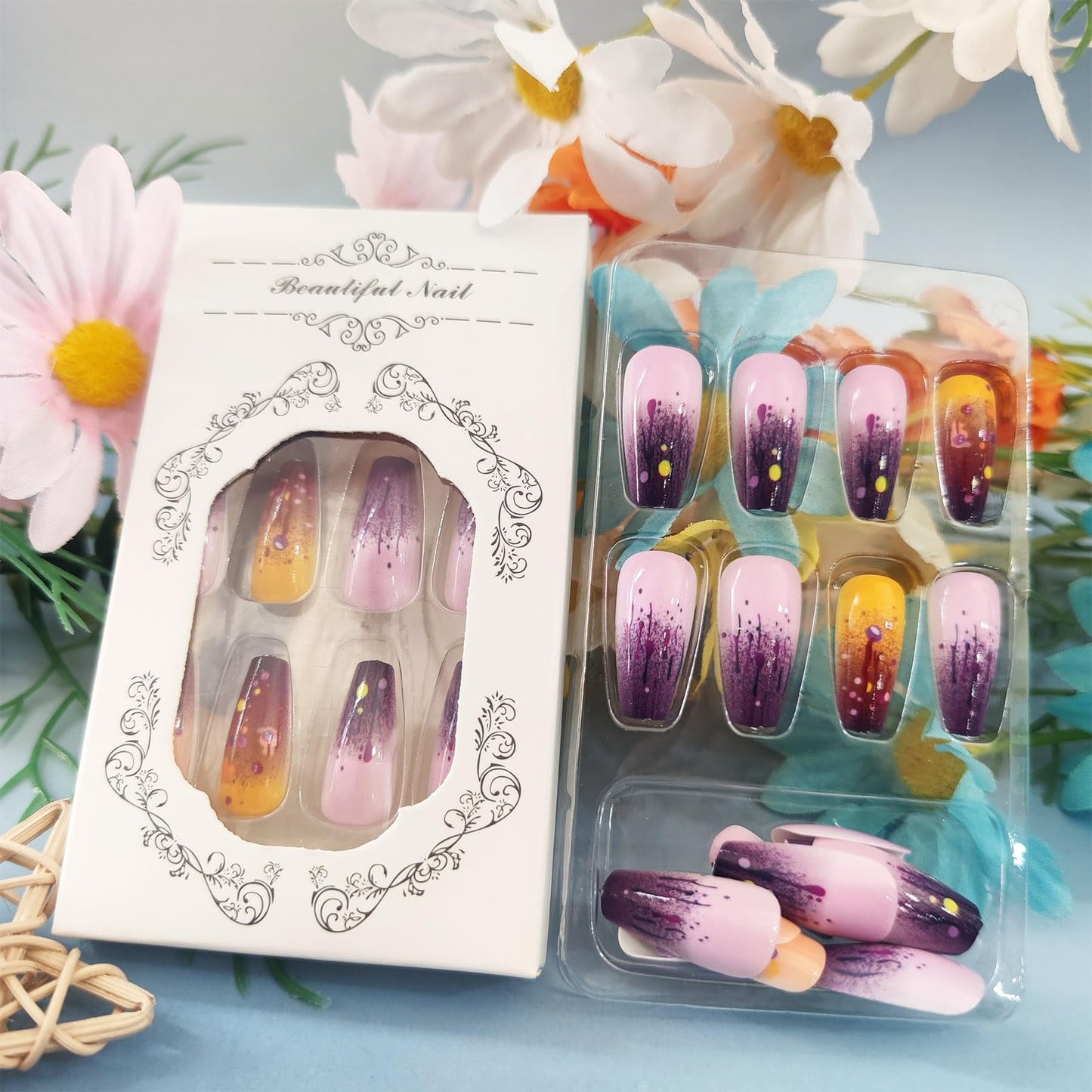 Graffiti Press on Nails French Tip Acrylic Full Cover Fake Nails 24Pcs Glossy Purple Gradient Medium Coffin False Nail Painted Stick on Nail Curve Line Gel Glue on Fingernails for Holiday Manicure Art