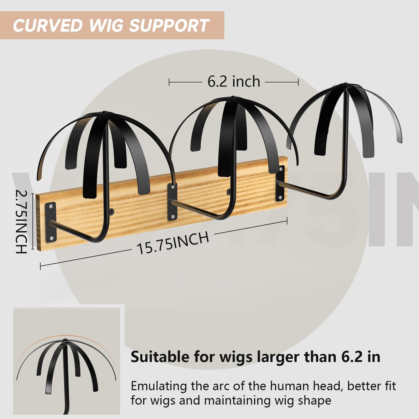 Yumkfoi Hanging Wig Stand for Multiple Wigs, 6 PCS Wall Mounted Wig Hanger Holder, Durable Wig Storage Organizer Rack for Display, Storage, Styling, Drying (Carbon Steel and Wood)