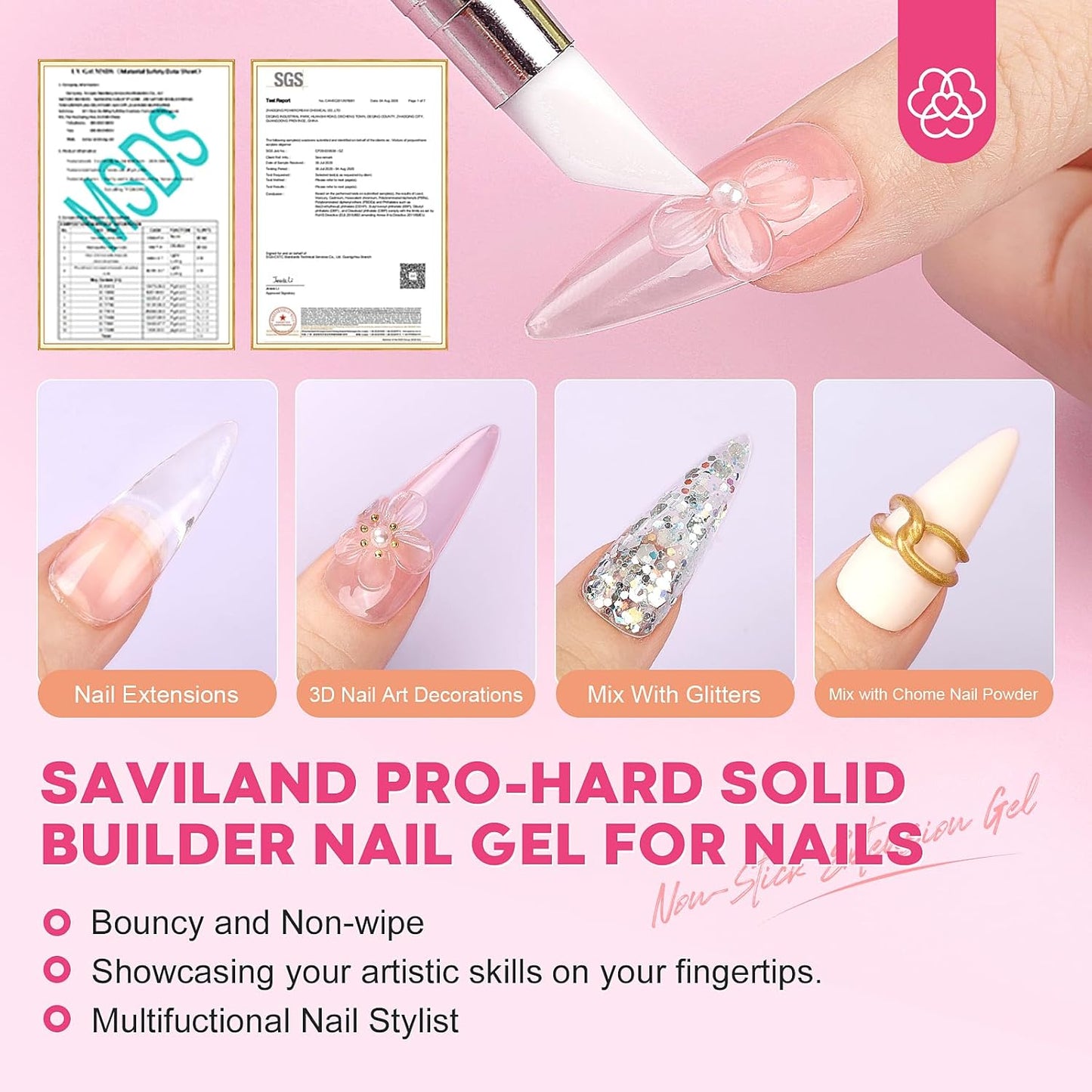 Builder Nail Gel Kit - 4 Colors (Clear, Nude, White, Pink) for Nail Extensions & 3D Sculpting - Long-Lasting Non-Sticky Hard Gel with Chrome Powder