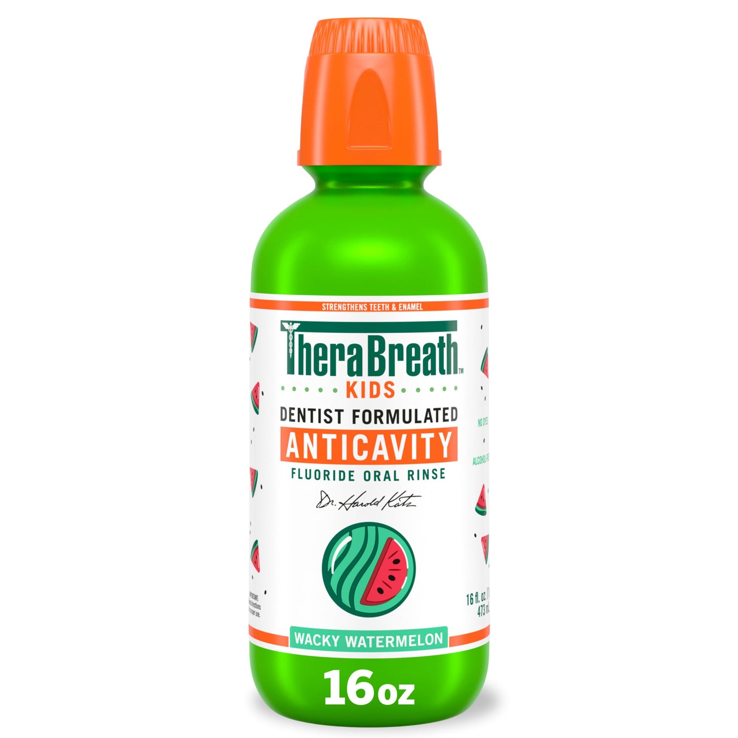 TheraBreath Kids Organic Wacky Watermelon Mouthwash with Fluoride, Anticavity, Dentist Formulated, 16 Fl Oz