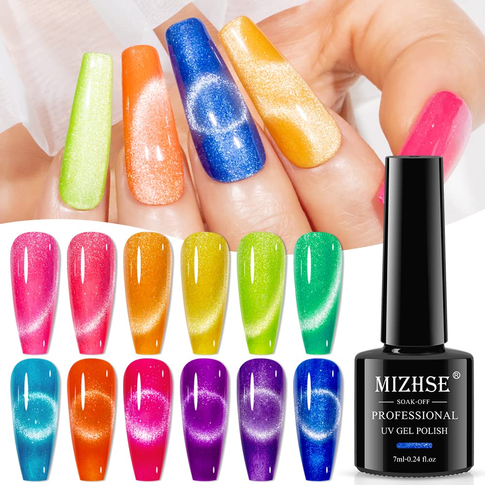12-Pc MIZHSE Neon Cat Eye Gel Nail Polish Set - Magnetic Soak Off Manicure Kit, Blue Green Purple